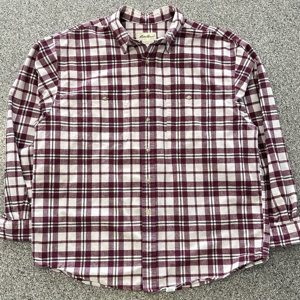 Eddie Bauer Flannel Shirt Mens XXL Thick Vintage Long Sleeve Plaid Burgundy